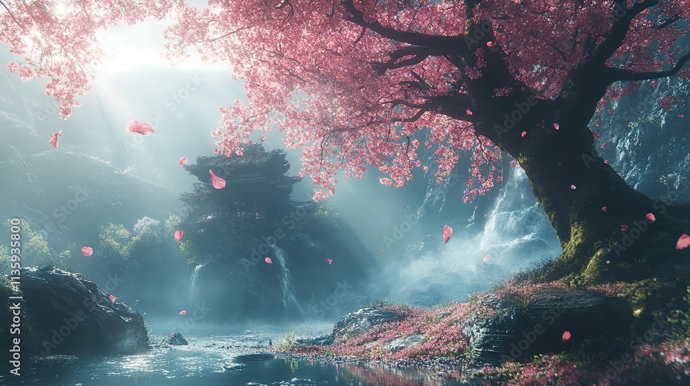 Fototapeta premium Enchanted Waterfall: A Serene Japanese Garden Landscape