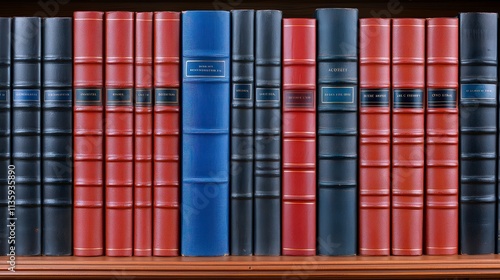 Classic Leather Bound Books on Wooden Shelf  Library  Education  Vintage  Bookshelf  Readi photo