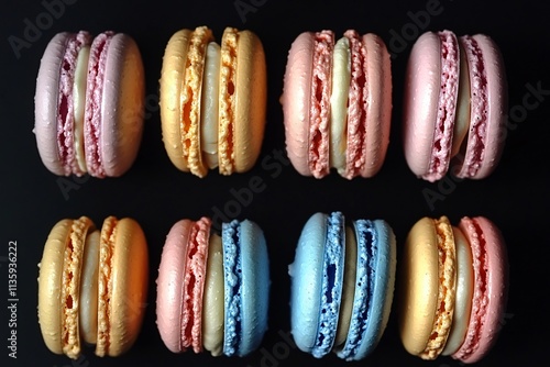 Assorted Colorful Macarons on Black Background Delicious French Pastry Sweets photo