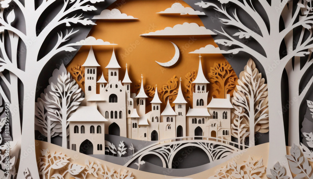 Obraz premium Intricate paper art of a castle landscape with trees and a bridge in warm autumn colors