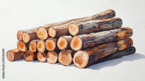 Stacked firewood logs in watercolor art style