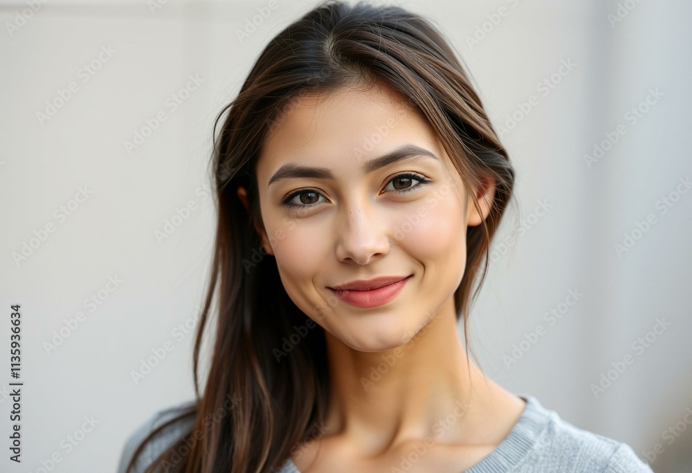 A serene half-length portrait of a young woman with a calm face A serene half-length portrait of a young woman with a calm face