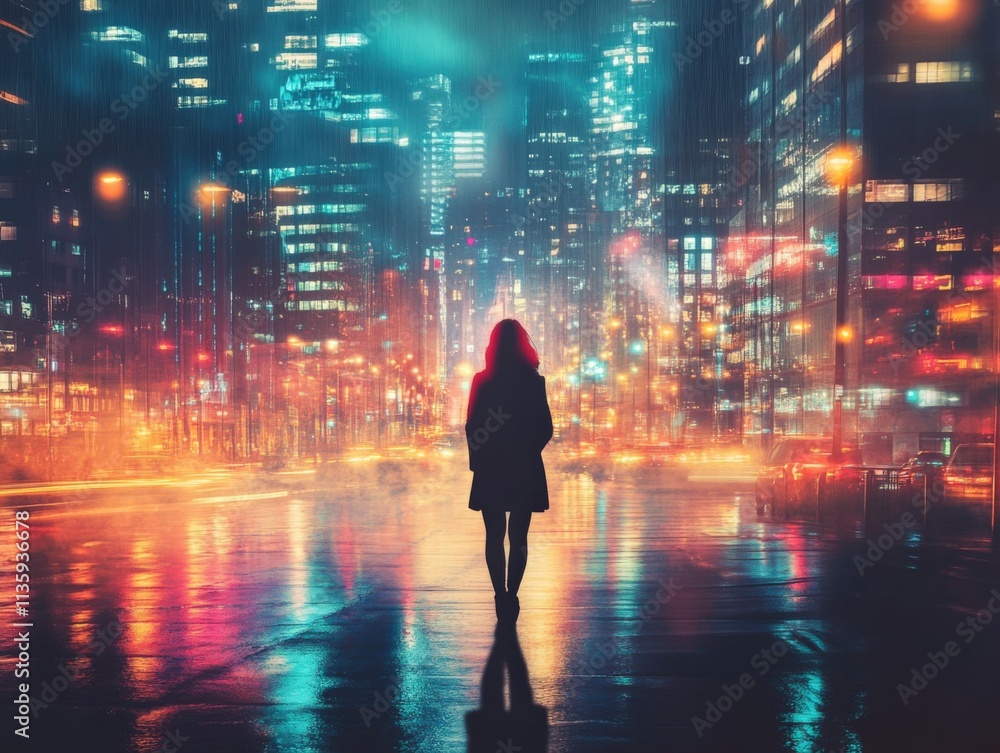 person walking alone on a wet city street at night person walking alone on a wet city street at night