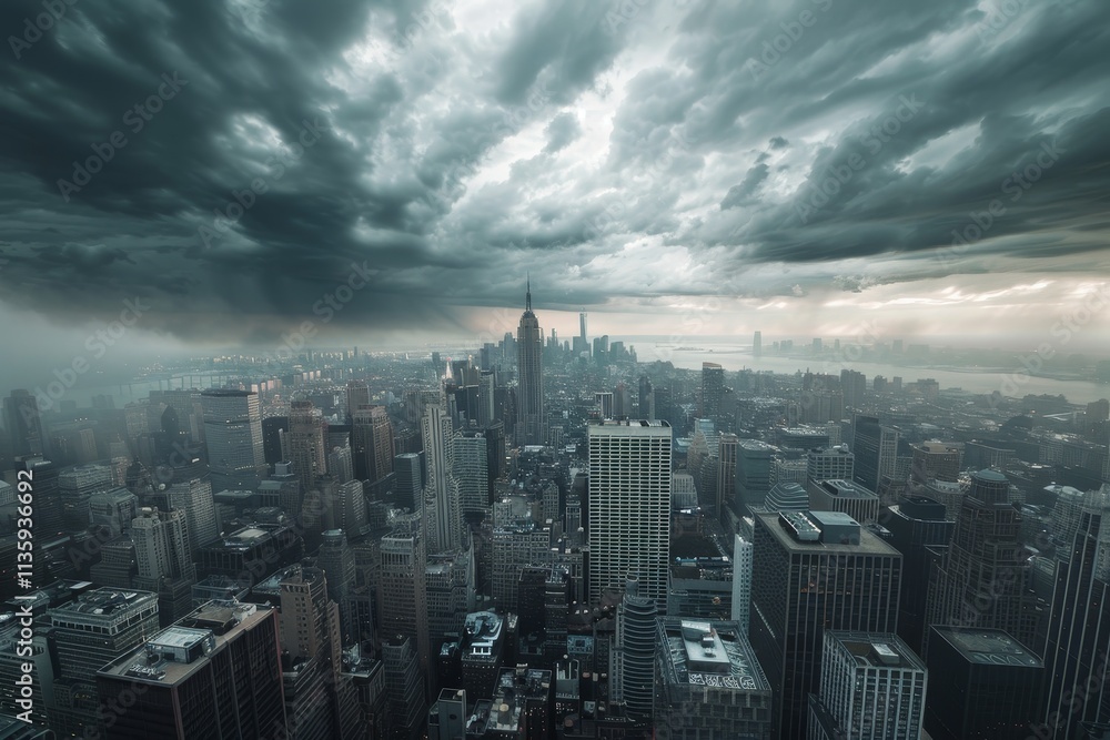 Fototapeta premium A view from above of a city skyline with dark, stormy clouds overhead, A dense city skyline with layers of buildings stretching into the distance under a stormy sky