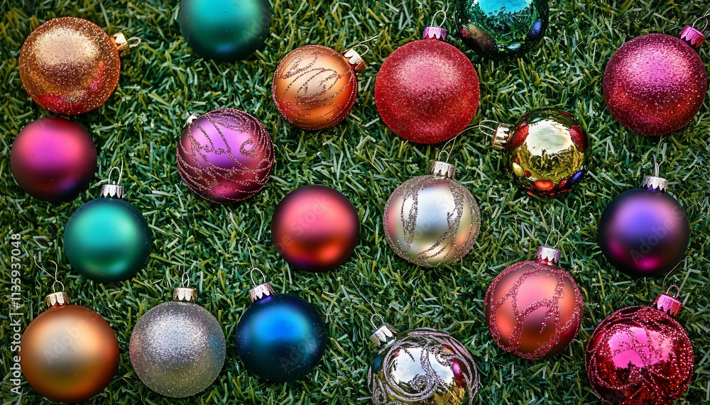 Sparkling Christmas Ornaments on Green Grass Sparkling Christmas Ornaments on Green Grass