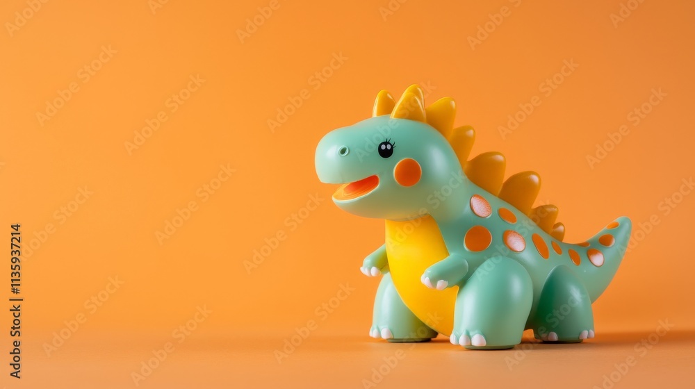 Fototapeta premium a 3D toy dinosaur with a bright green body - orange background with copyspace for text