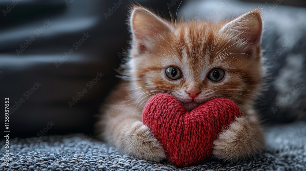 a cute fluffy kitten holding a red heart a cute fluffy kitten holding a red heart