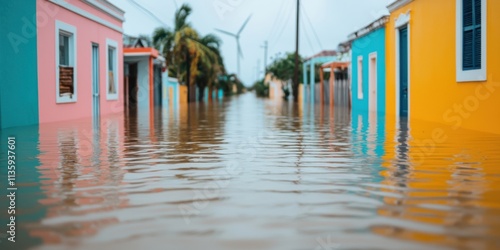 A flooded street lined with colorful houses, surrounded by palm trees and wind turbines, showcasing the impact of heavy rain.