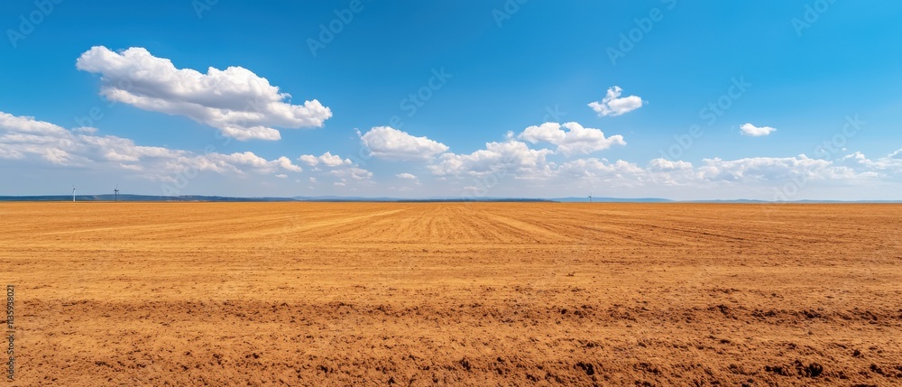 Fototapeta premium An expansive landscape features golden fields under a bright blue sky, dotted with fluffy clouds, evoking tranquility and the beauty of nature.