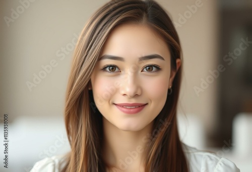 Half-length portrait of a calm female with a soft focus background