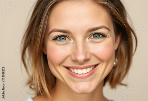 A half-length portrait of a smiling female