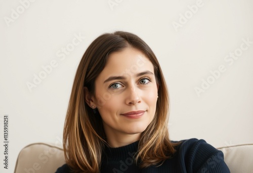 Half-length portrait of a calm and serene 30-year-old female