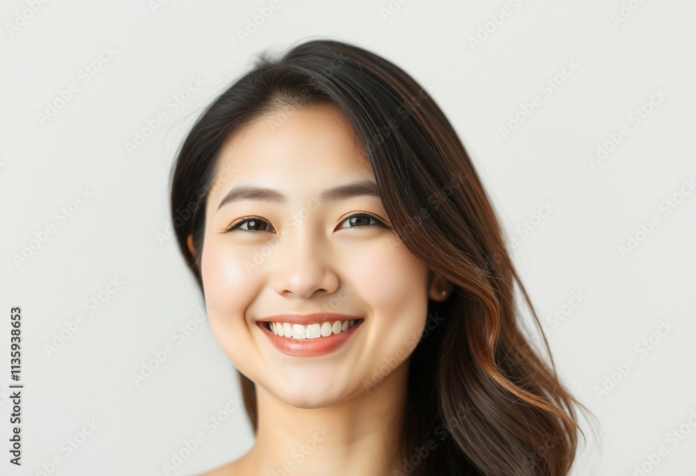 A serene and smiling half-length portrait of a young woman A serene and smiling half-length portrait of a young woman