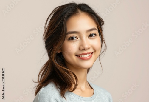 Half-length portrait of a 25-year-old female with a gentle smile