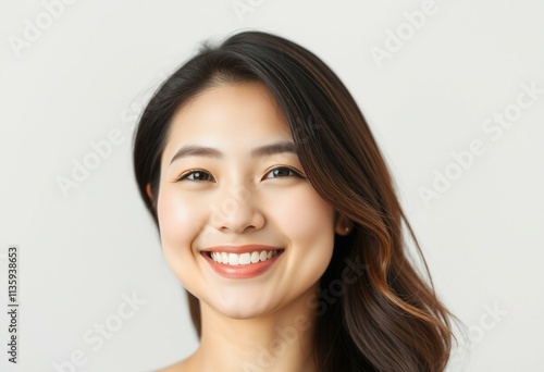 A serene and smiling half-length portrait of a young woman