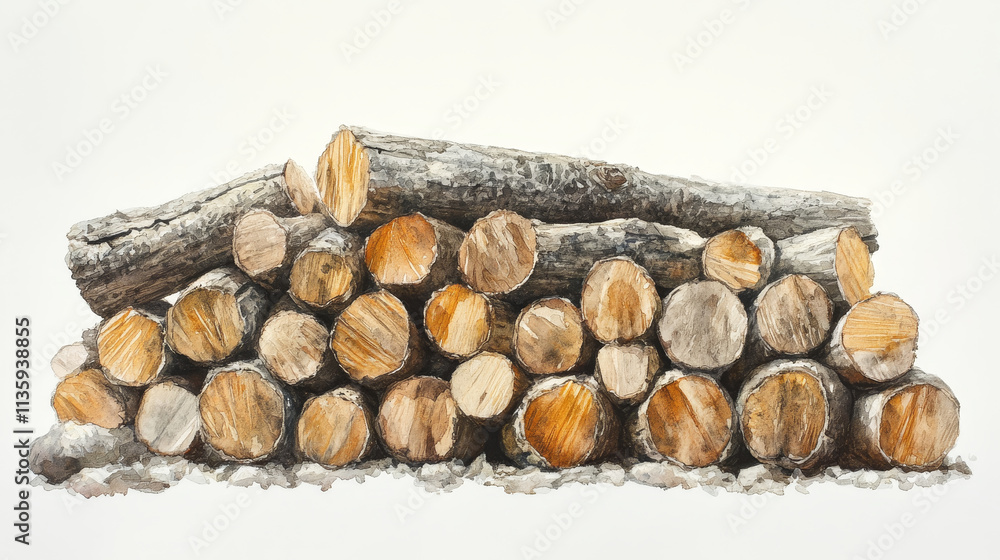 watercolor painting of large firewood pile arranged neatly watercolor painting of large firewood pile arranged neatly
