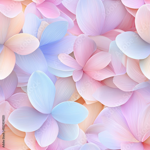 Soft pastel floral pattern with delicate petals in shades of pink and blue, creating serene and calming atmosphere. Perfect for backgrounds and design projects