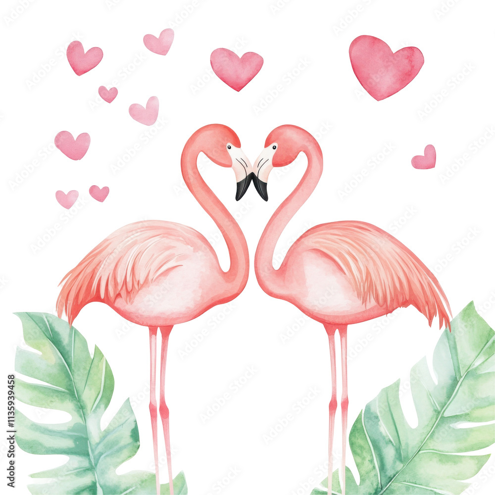 Obraz premium Watercolor Flamingos with Hearts and Tropical Leaves