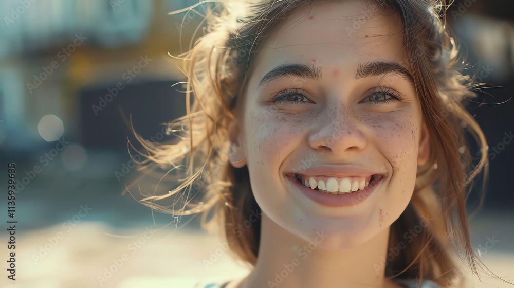 A close-up portrait of a young woman with freckles, smiling brightly with her hair blowing in the wind. A close-up portrait of a young woman with freckles, smiling brightly with her hair blowing in the wind.