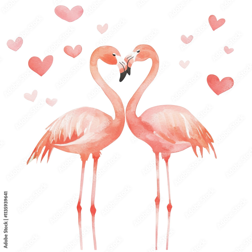Fototapeta premium Watercolor Flamingos with Hearts and Tropical Leaves