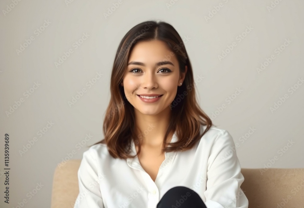Half-length portrait of a young woman with a neutral expression Half-length portrait of a young woman with a neutral expression