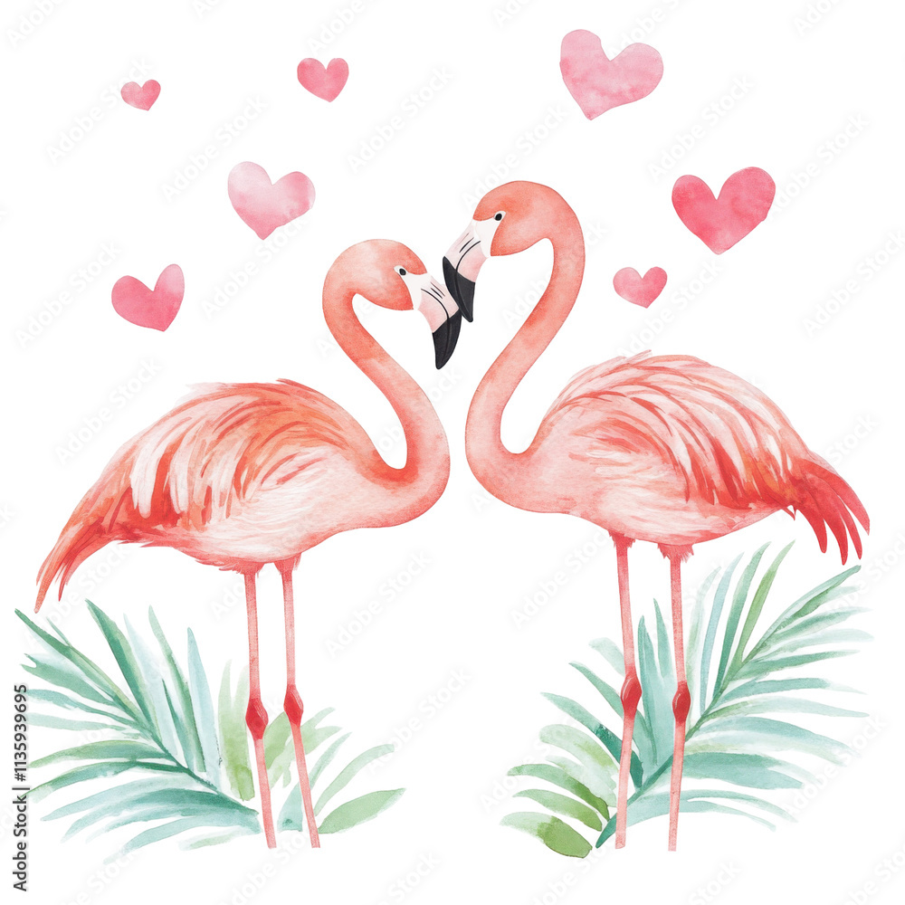 Fototapeta premium Watercolor Flamingos with Hearts and Tropical Leaves