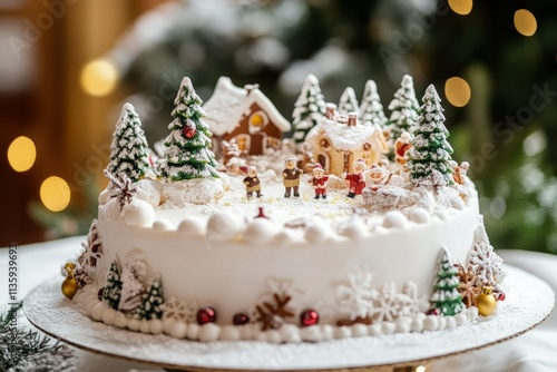 a christmas cake decorated with small houses and trees