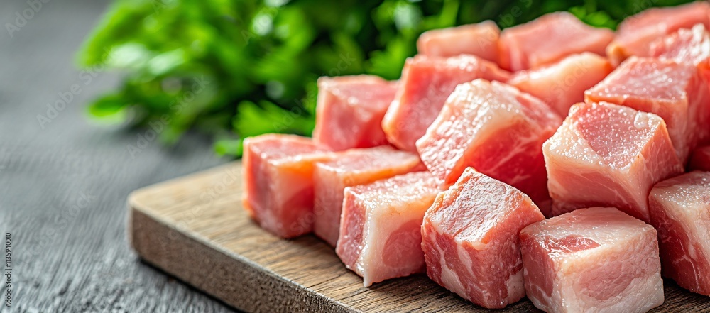 Closeup Diced Bacon Cubes on Wooden Board
