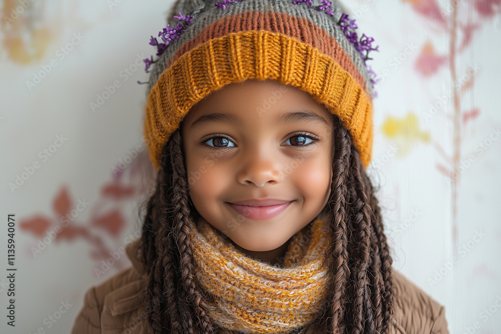 portrait of a smiling little african girl with braids and a winter hat colored with violets and yellow on white background portrait of a smiling little african girl with braids and a winter hat colored with violets and yellow on white background