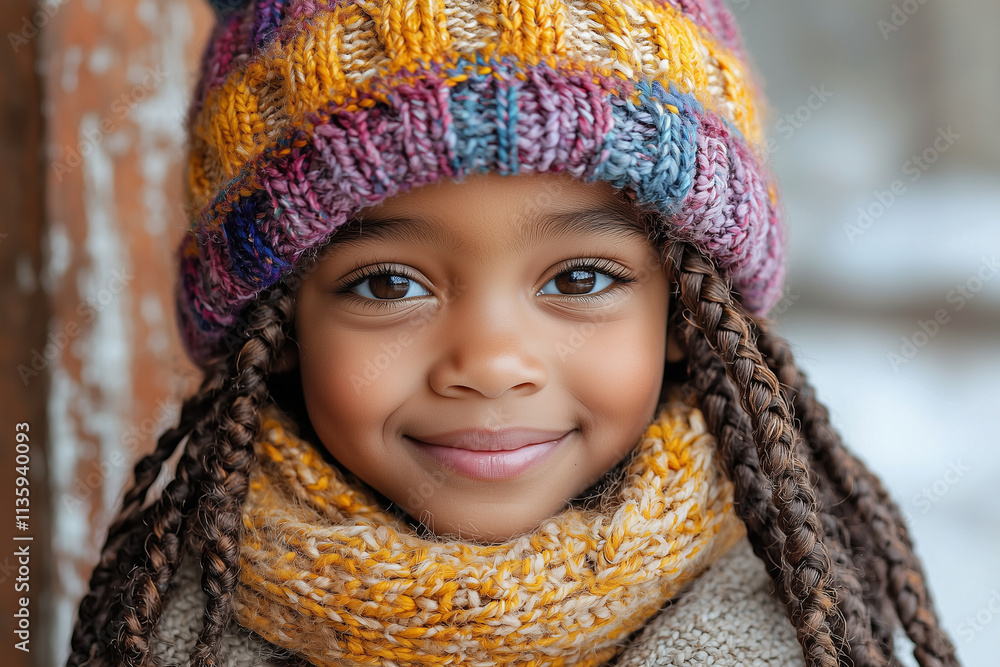 portrait of a smiling little african girl with braids and a winter hat colored with violets and yellow on white background portrait of a smiling little african girl with braids and a winter hat colored with violets and yellow on white background