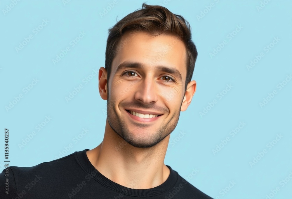 A half-length portrait of a young adult male with a neutral expression A half-length portrait of a young adult male with a neutral expression