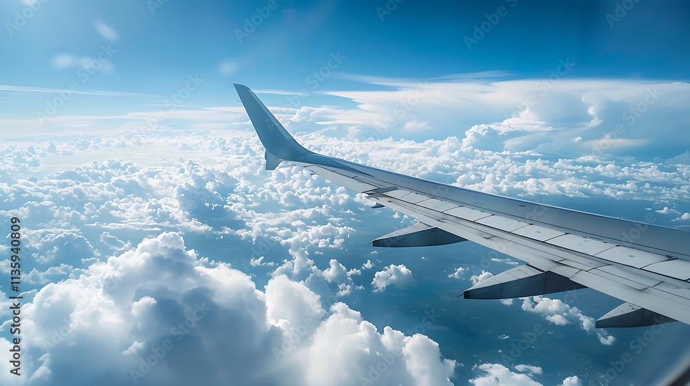 Wing of an airplane flying above the clouds at sunset Wing of an airplane flying above the clouds at sunset