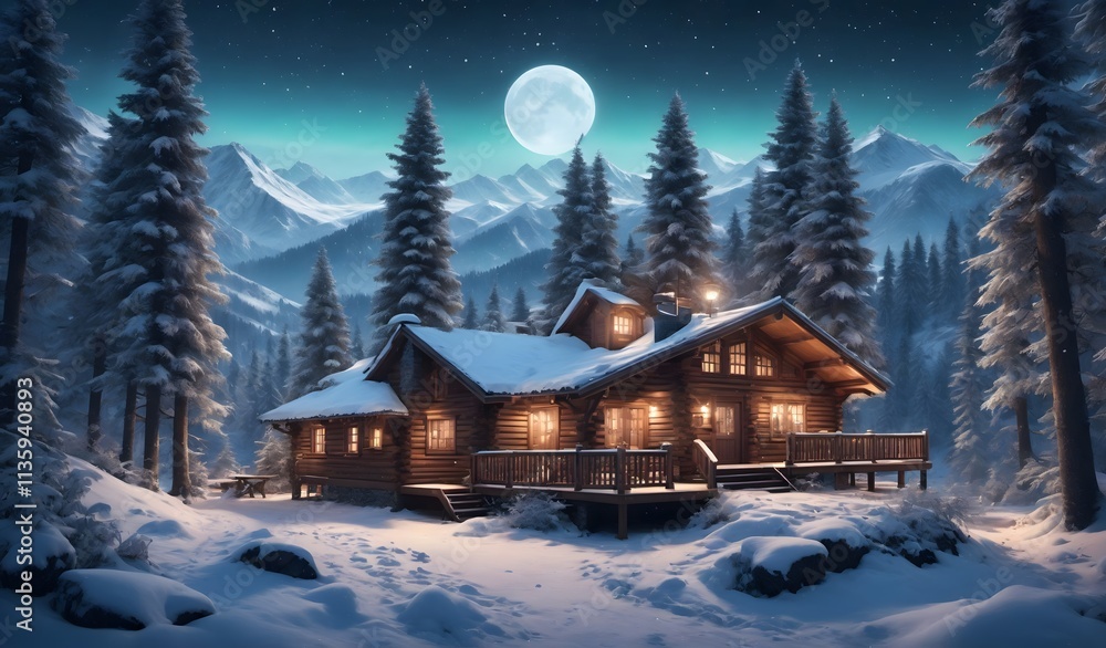 Cozy Winter Cabin in Snowy Mountain Landscape Full Moon Night Cozy Winter Cabin in Snowy Mountain Landscape Full Moon Night