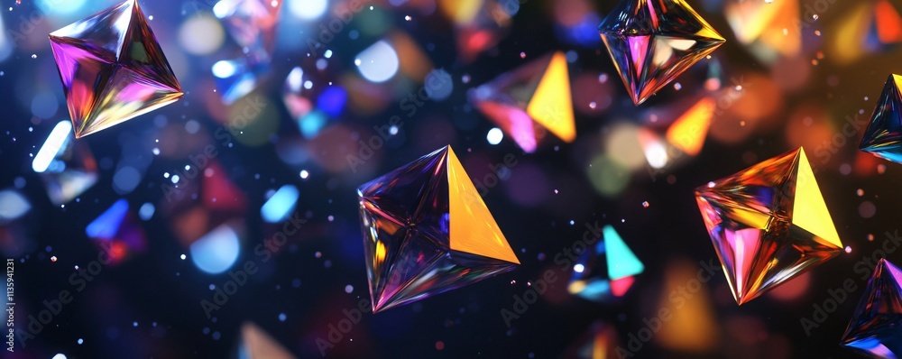 Abstract Colorful Crystal Pyramids Floating in Dark Space Abstract Colorful Crystal Pyramids Floating in Dark Space