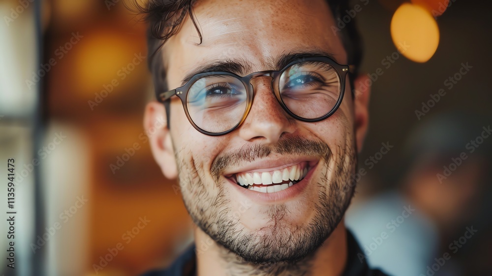 A close-up portrait of a young man with dark brown hair, wearing glasses, smiling broadly at the camera. A close-up portrait of a young man with dark brown hair, wearing glasses, smiling broadly at the camera.