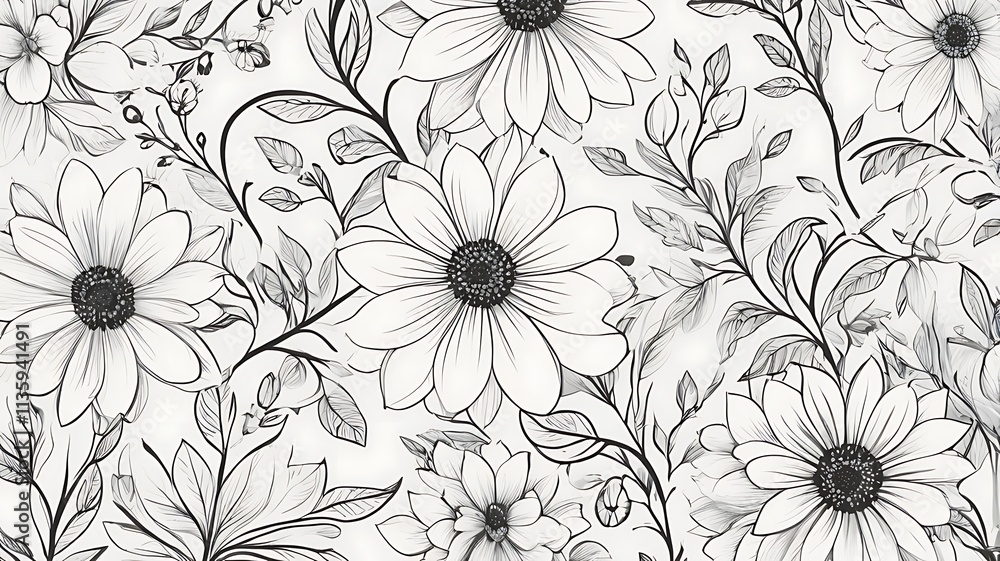 Monochrome Floral Pattern Featuring Daisies and Delicate Leaves Monochrome Floral Pattern Featuring Daisies and Delicate Leaves