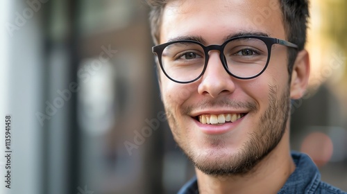 A close-up portrait of a young man with dark brown hair, wearing glasses, smiling broadly at the camera.