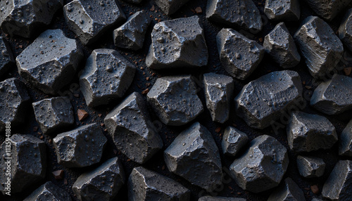 Close-up of black volcanic rocks with rough surface and copy space