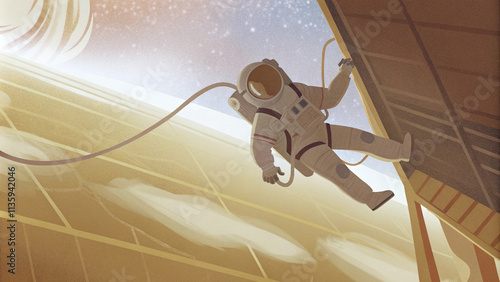 An astronaut performing a spacewalk outside a spacecraft illustration