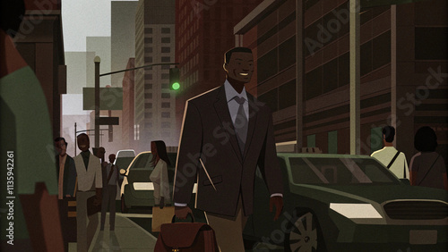 A businessman smiling while walking through a busy city street illustration