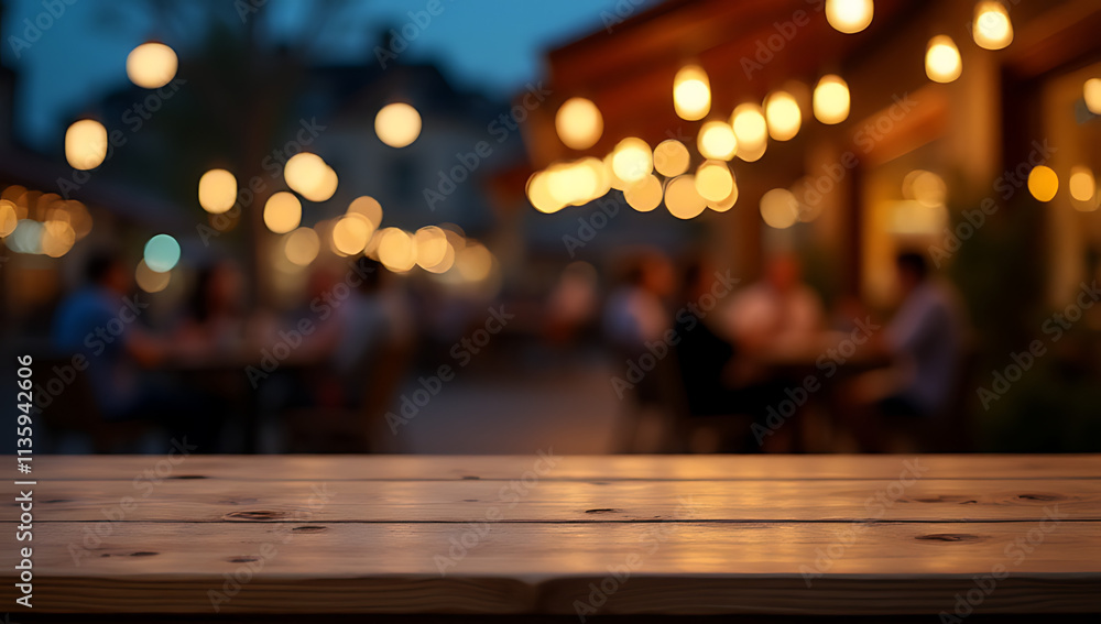 Wooden tabletop set against a blurred nighttime background of a bustling café bar scene at dusk outside._00003_ Wooden tabletop set against a blurred nighttime background of a bustling café bar scene at dusk outside._00003_