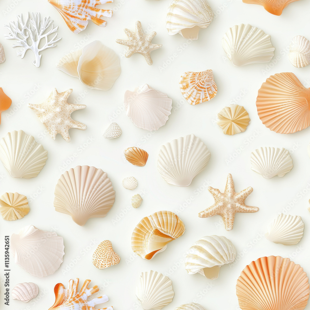 Seamless pattern of various seashells in soft colors, including scallops and starfish, creating tranquil coastal vibe. Perfect for beach themed designs Seamless pattern of various seashells in soft colors, including scallops and starfish, creating tranquil coastal vibe. Perfect for beach themed designs