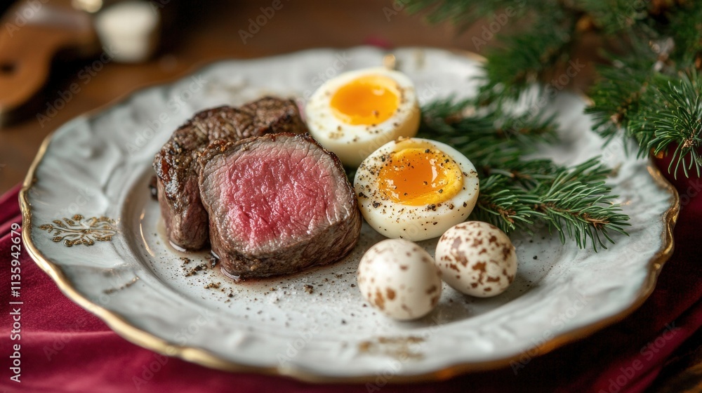 Delicious filet mignon with quail eggs festive table setting gourmet cuisine elegant environment close-up culinary delight Delicious filet mignon with quail eggs festive table setting gourmet cuisine elegant environment close-up culinary delight