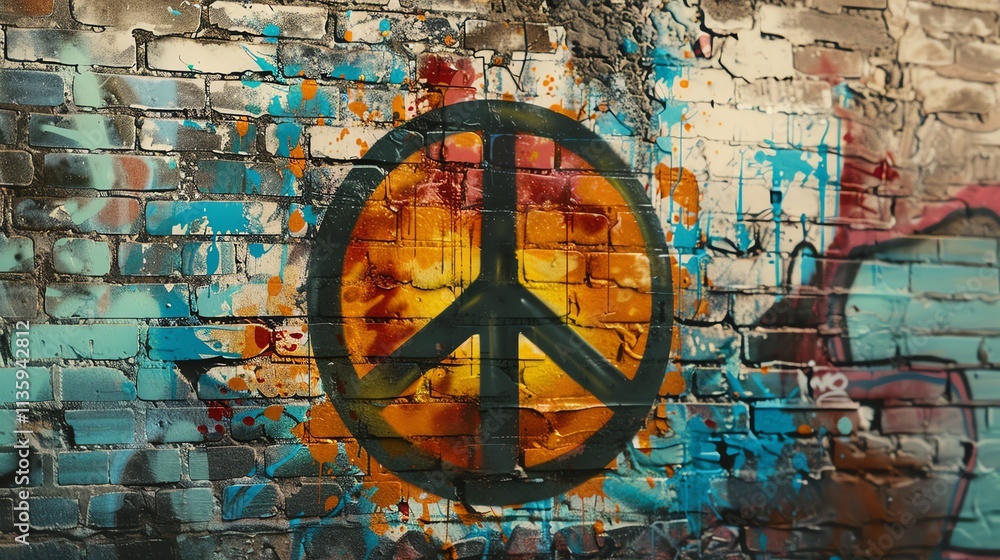 A peace sign is spray-painted in black on a brick wall covered in graffiti. A peace sign is spray-painted in black on a brick wall covered in graffiti.