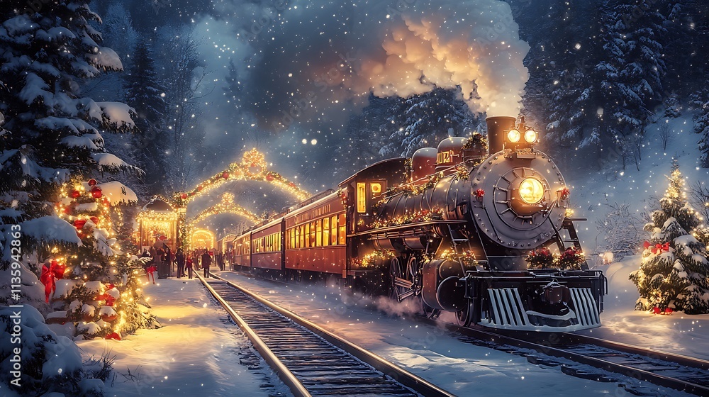 A cheerful Christmas train steaming into a snow-covered platform, its passengers waving from glowing windows, festive decorations along the platform, A cheerful Christmas train steaming into a snow-covered platform, its passengers waving from glowing windows, festive decorations along the platform,
