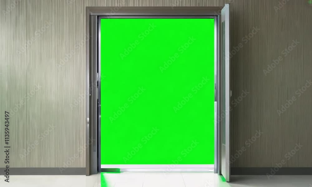 Modern entrance door opening to green screen. Light wall. Generative AI Modern entrance door opening to green screen. Light wall. Generative AI