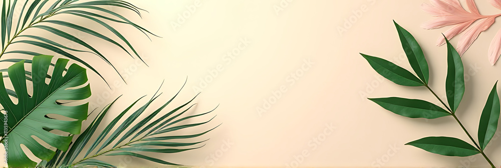 Tropical leaves are collected for a creative and minimalist design featuring pastel colors on a natural background with decorative patterns._00001_ Tropical leaves are collected for a creative and minimalist design featuring pastel colors on a natural background with decorative patterns._00001_