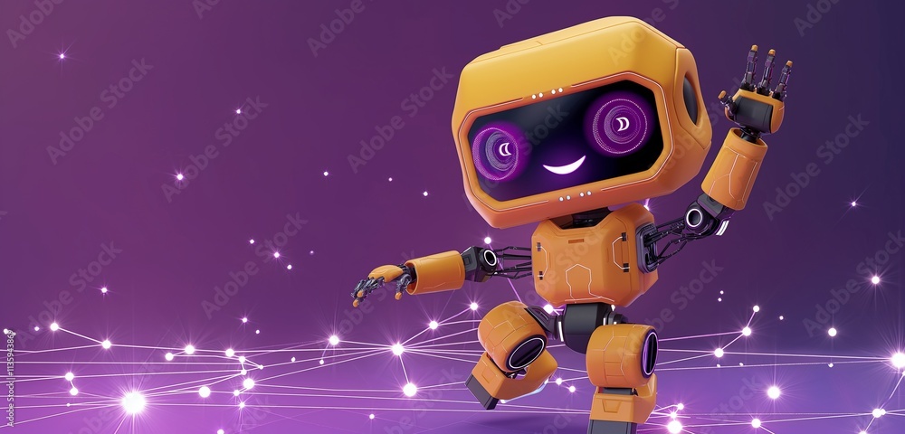 An adorable 3D robot with a boxy body and flexible joints, waving happily on a purple background with digital stars. An adorable 3D robot with a boxy body and flexible joints, waving happily on a purple background with digital stars.