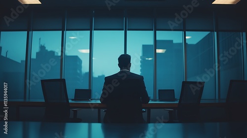 A Businessman Silhouetted Against a Cityscape Window