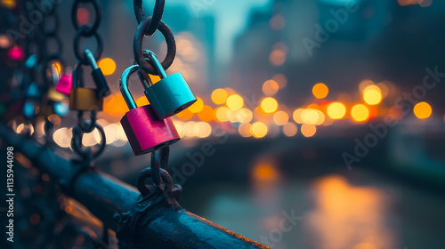 Colorful love locks on a bridge at twilight, romantic atmosphere, blurred city lights in the background